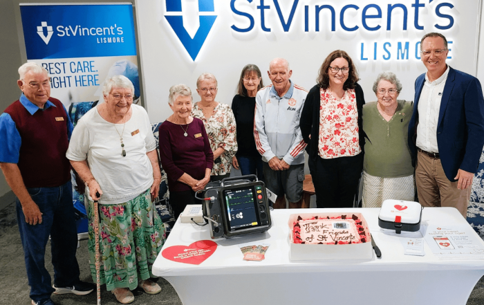 The Friends of St Vincent’s gather together with Mr Damian Chapelle (right) to acknowledge the life saving gift supplied to the hospital.